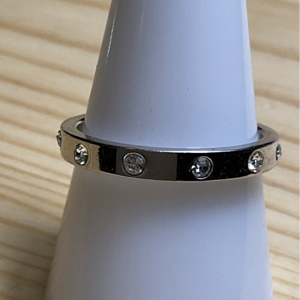 Silver Tone Band Ring With Clear Rhinestones Elegant Minimalist Jewelry